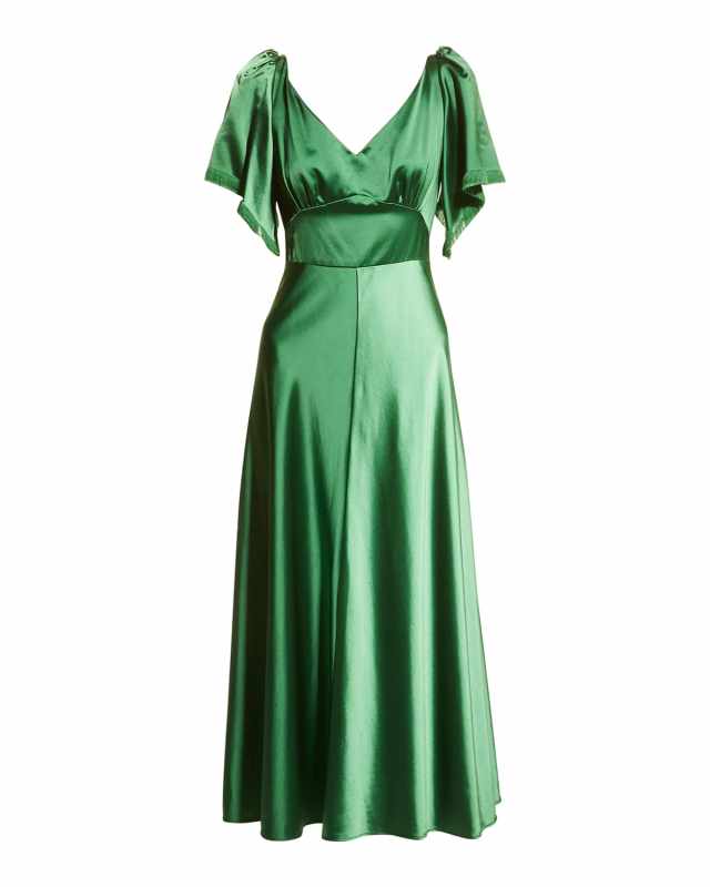 Hammered Satin Flutter Sleeve Midi Dress